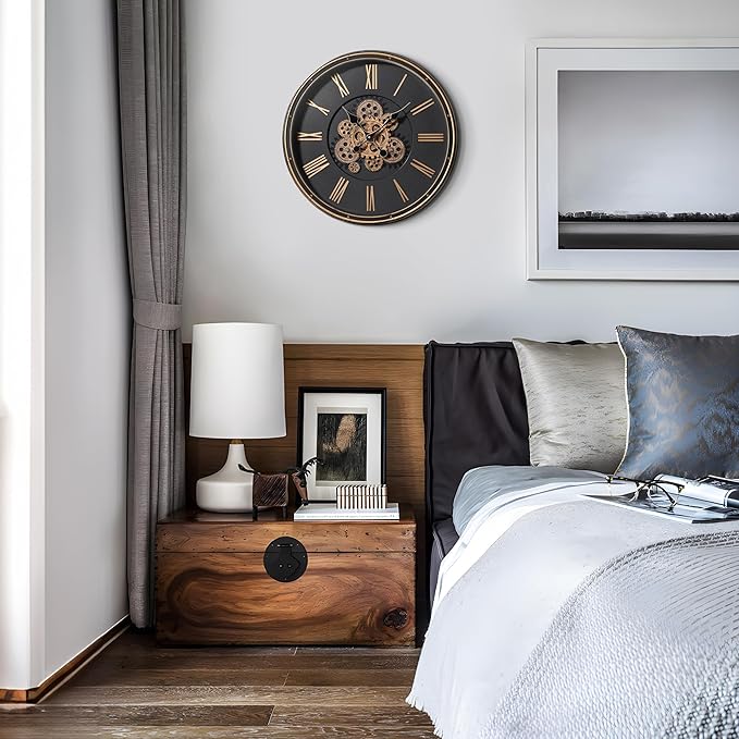 Maxstar Large Moving Gear Wall Clock,20" Vintage Mechanical Battery Operated Industrial Wall Clocks for Farmhouse Living Room,Home Office, Dinning Room, Kitchen, Steampunk Decor-Gold,Roman Numeral