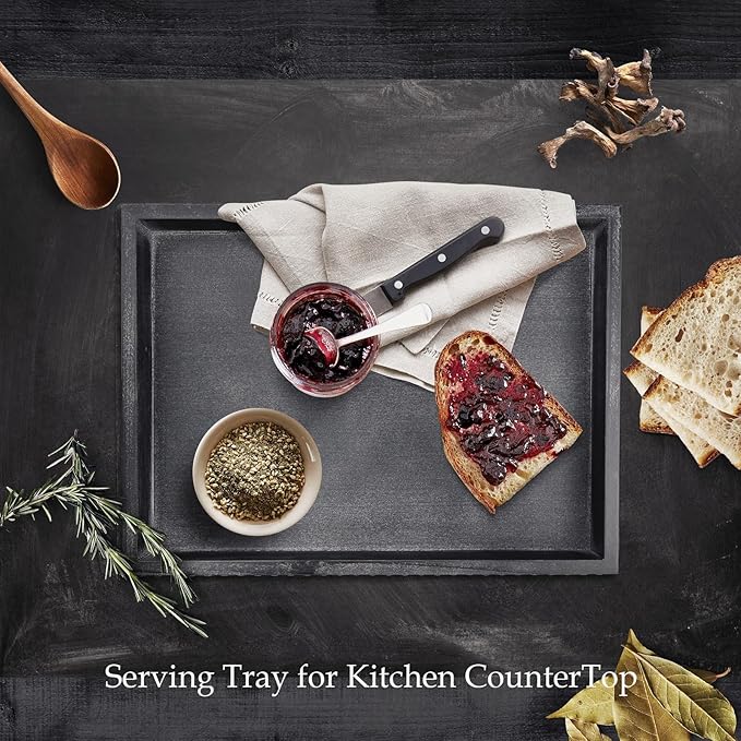 Rectangle Wood Serving Tray with Beads, Black Washed Wooden Decorative Tray for Entertaining, Decoration, and Gifting