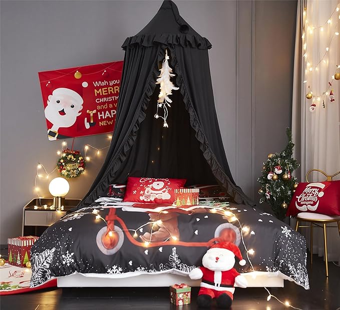 VETHIN Bed Canopy for Girls,Princess Round Dome Dreamy Mosquito Net Bedding Girls Room Castle Play Tent Hanging House Decor Reading Nook Canopies (Black)