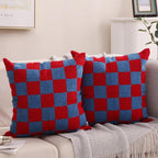 Alysheer Checkered Embroidered Decorative Throw Pillow Covers 18"x 18" Set of 2, Classic Chic Red Blue Plaid Tufted Patterned Cotton Canvas Cushion Case for Sofa Couch Bed Living Room