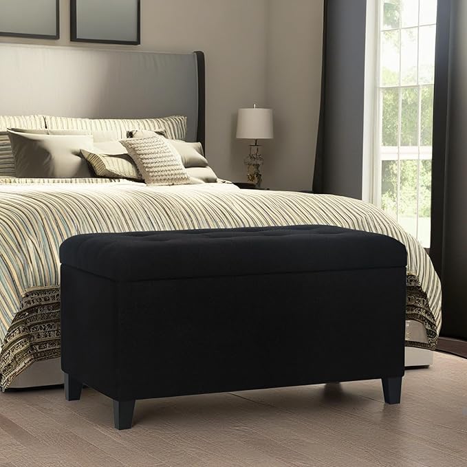 Asense Storage Ottoman Bench, Tufted Fabric Upholstered End of Bed Bench with Safety Hinge Wooden Legs, for Entryway Bedroom (Cotton and Linen Black, 33.3")