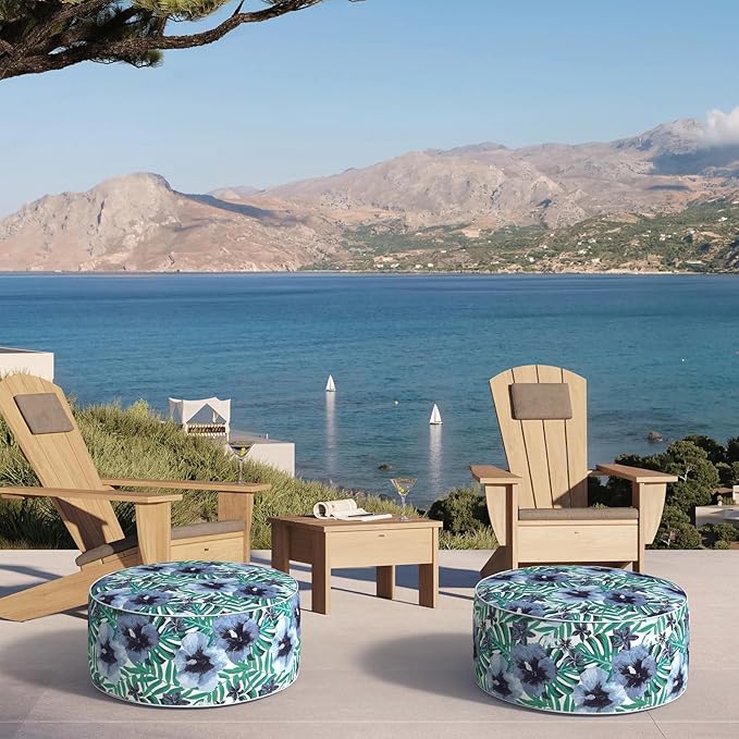 Inflatable Ottoman Stool D21 xH9 for Outdoor/Indoor Use, Water Repellent Patio Foot Rest with Portable Handle,Round Pouf Ottoman Suitable for Garden,Deck and Camping - Blue Salmone Tropical