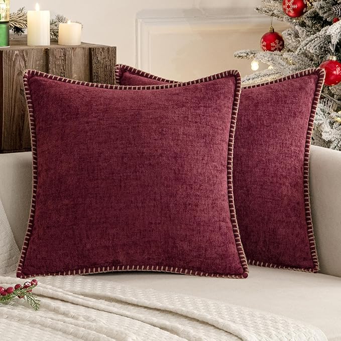 MIULEE Pack of 2 Christmas Pillow Covers 20x20 Inch Burgundy Red Farmhouse Decorative Throw Pillow Covers with Stitched Edge Soft Chenille Solid Dyed Couch Pillow Covers for Sofa Bed Living Room