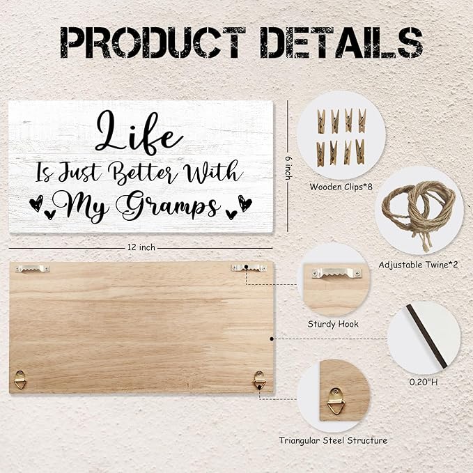 Gramps Gifts Picture Frame Photo Holder for Wall, Fathers Day Papa Gift for Pop Grandpa, Thank You Grandfather Poppy Gifts from Granddaughter Grandson Hanging Photo Display