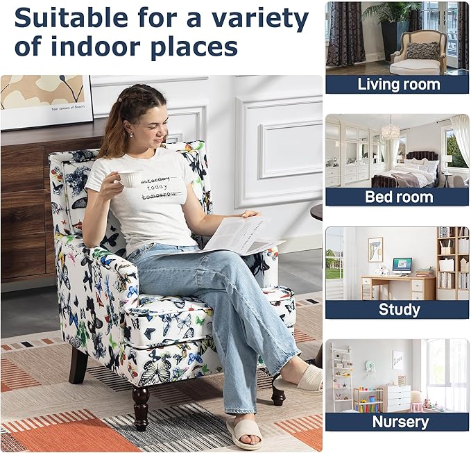 Accent Chair, Modern Comfy Mid-Century Anthropologie Accent Chairs, Linen Upholstered Wingback Lounge Arm Chair with Solid Wood,Single Floral Pattern Chair for Living Room/Balcony/Bedroom