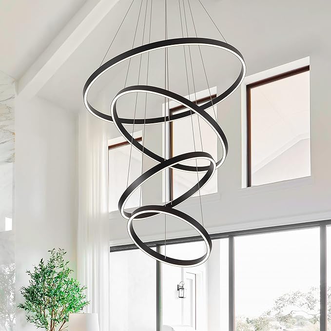 Large Modern Chandelier, 15.7"-31.4" Ring Chandelier LED Black Chandelier, 3000K High Ceiling Chandelier with 4 Ring, Large Chandeliers for High Ceiling Foyer Office