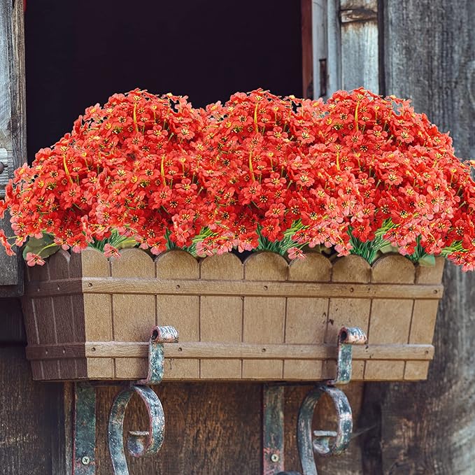 Uieke 72PCS Artificial Flowers for Outdoors, UV Resistant Fake Flowers No Fade Faux Plastic Plants for Garden Porch Window Box Home Summer Décor (Red)