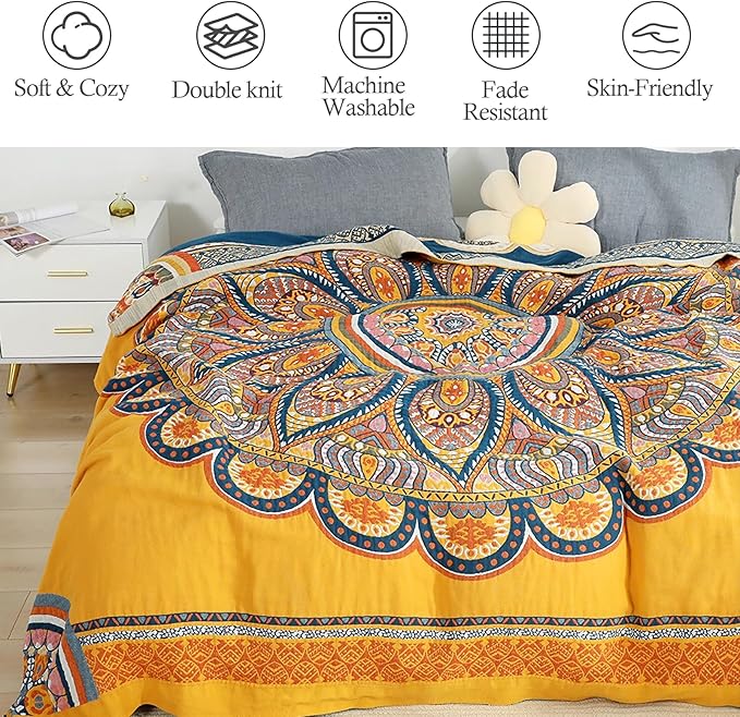 Snycler Boho 100% Cotton Throw Blanket, Decorative Muslin Boho Throw Blanket, Soft Cozy Colorful Bohemian Floral Reversible Blanket with Tassels for Chair Couch Bed Sofa Room Decor, 60x80 Inch