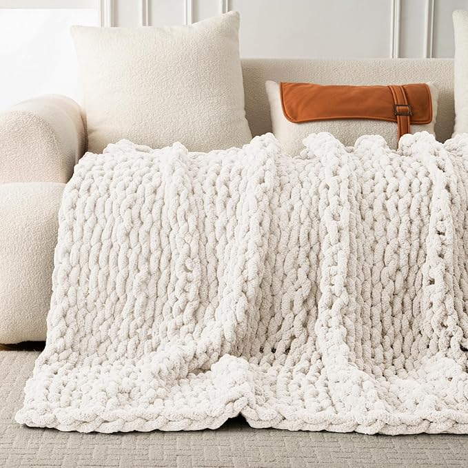 Ultra Soft Chunky Knit Blanket Throw -50x70 Hand Knitted Warm Chenille Throw Blanket, Home Decor Soft Thick Yarn Cable Knit Blanket Breathable Fleece Banket Christmas for Couch Bed Sofa Best GIF