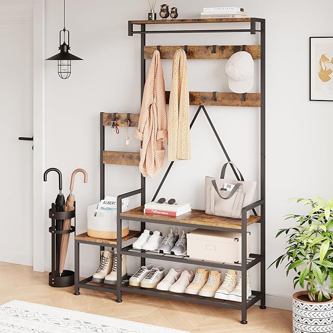 IDEALHOUSE Hall Tree with Bench and Shoe Storage Parent-Child Coat Rack Shoe Bench Industrial Coat Tree Entryway Large Organizer with Shoe Rack, Storage Cubbies, Hooks, and Top Shelf