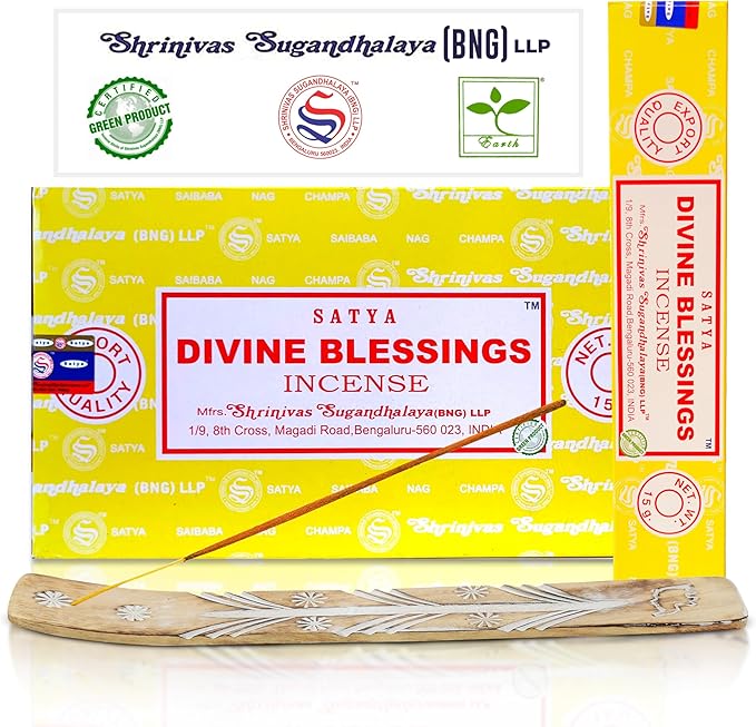 Satya Divine Blessings Incense Sticks, Satya Bng (Bangalore) Insenses 15gmx12 Pack with Raajsee Incense Holder Bundle, Satya Nagchampa Natural Incense