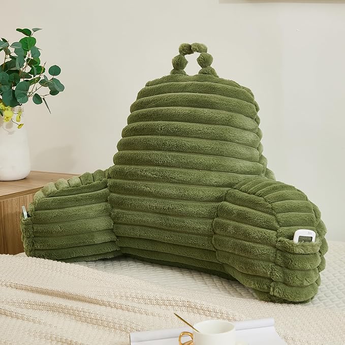 Faux Fur Fluffy Sage Reading Pillow with Pockets, Luxury Striped Plush Decorative, Arm Rests and Back Surport for Bed Rest, Lounging on sofa, Standard