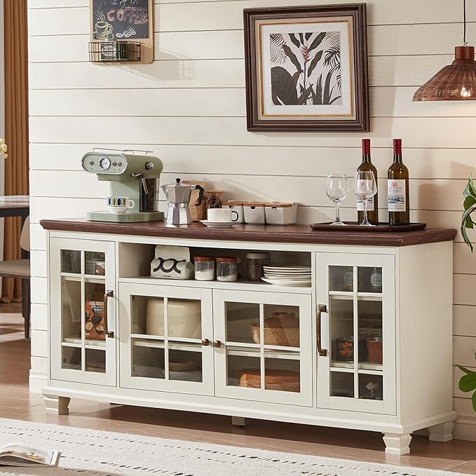 Large Sideboard Buffet Cabinet with Storage, Vintage White Farmhouse 60" Wide Credenza Accent Cabinets with Glass Doors & Wood Legs, Kitchen Coffee Bar Table for Dining Room, Living Room