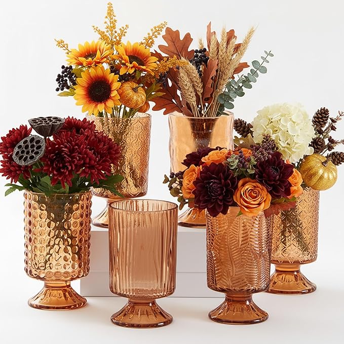 6 Pcs (H:7" W:4") Embossed Flower Vase Fall Pedestal Glass Vase Big Base Thickened Crystal Vintage Vases for Autumn Wedding Home Decor Table Centerpiece House Warming Gifts(Amber)