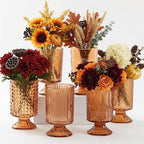 6 Pcs (H:7" W:4") Embossed Flower Vase Fall Pedestal Glass Vase Big Base Thickened Crystal Vintage Vases for Autumn Wedding Home Decor Table Centerpiece House Warming Gifts(Amber)