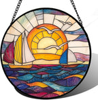 Stained Glass Window Hanging, Sailboat and Waves Suncatcher Diamond Glass Panel Hangings Sun Catchers Decor for Birthday for Women, Men, Wife, Aunt, and Mom 14.9x14.9 in