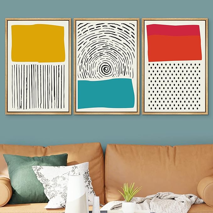 SIGNWIN Canvas Print Wall Art Line Art with Yellow and Red Squares Geometric Line Illustrations Modern Art Mid-Century Modern Warm for Living Room, Bedroom, Office - 24"x36"x3 Natural