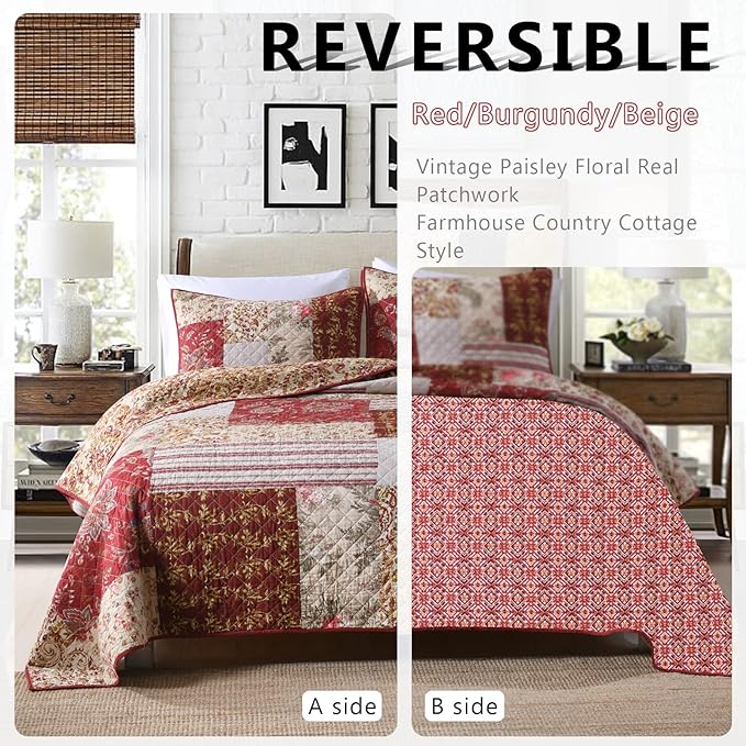 Yvooxny Quilt Set Queen Bedspread Country Farmhouse Cottage Vintage Ditsy Floral Paisley Style Reversible Lightweight Coverlet Set Real Patchwork Quilt for All Seasons, Antique Rose, Queen Size