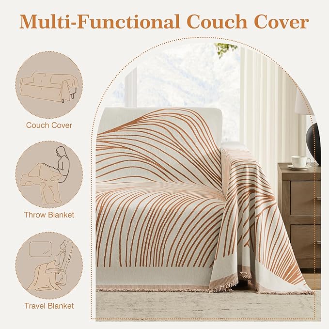 Boho Couch Cover Washable Sectional Couch Covers for Dogs Reversible Sofa Slipcover for 2 or 3 Cushion Couch Pet Friendly Furniture Protector (1# Orange, 91" x 134")
