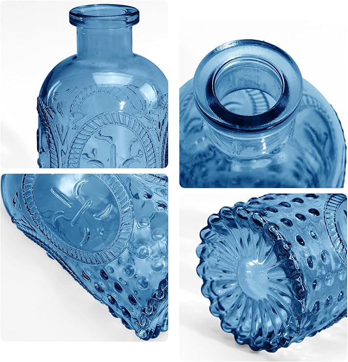 Blue Bud Vases in Bulk 24, Vintage Small Vases for Flowers, Mini Glass Vase for Centerpieces, Wedding Table Decoration, Party Event, Decorative Vase Set for Home Decor, Baby Shower, Office