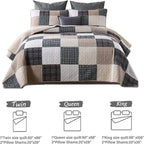 Y-PLWOMEN Quilt 100% Cotton King Size Quilt Set, Brown Khaki Black White Patchwork Plaid Bedspread, Lightweight Reversible Soft Summer Quilt Bedding Set, 3-Pieces