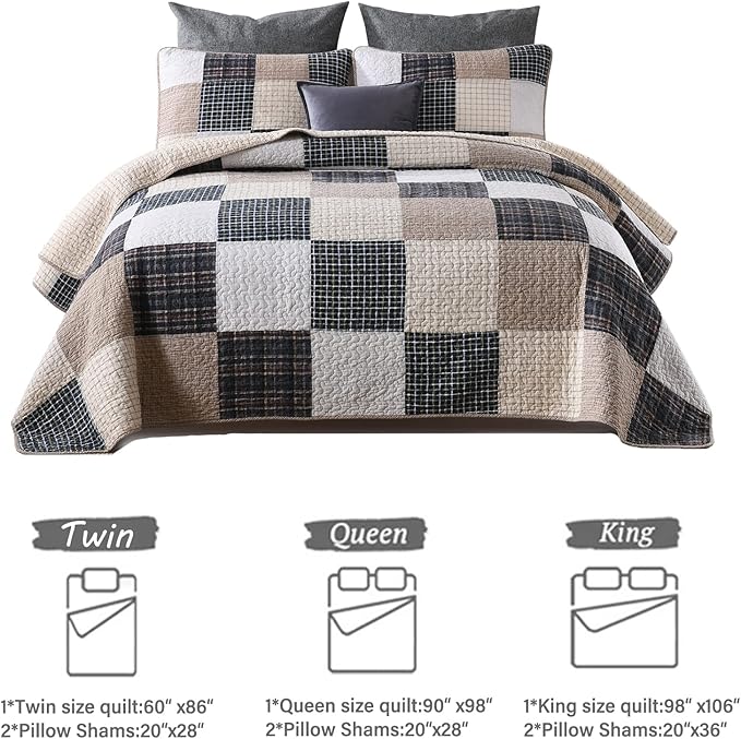 Y-PLWOMEN Quilt 100% Cotton King Size Quilt Set, Brown Khaki Black White Patchwork Plaid Bedspread, Lightweight Reversible Soft Summer Quilt Bedding Set, 3-Pieces