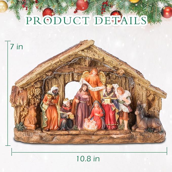 Bdor Nativity Scene Christmas Decoration, 11.4x3.5x7 Inch Lighted Jesus Birth Display, Holy Family Christmas Tabletop Decoration, Electric Manger Scene with LED Lights