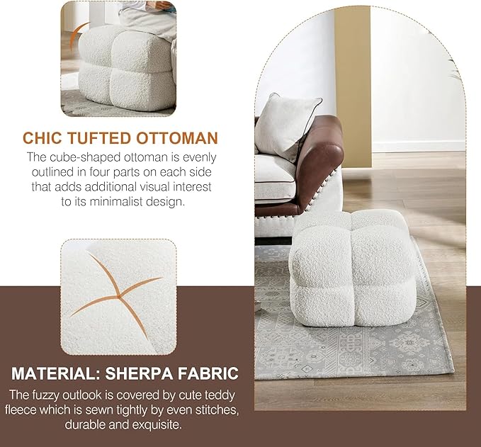 Zesthouse Square Pouf Ottoman, Modern Ottoman Coffee Table for Living Room, Fuzzy Sherpa Couch Foot Rest, Upholstered Tufted Cube Stool for Couch, White