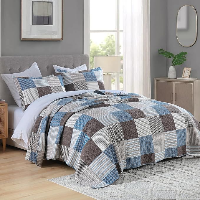 PANGUSHAN 100% Cotton Quilt Set King Size, Patchwork Plaid King Quilt Bedding Set Bedspreads, Farmhouse Lightweight Comforter Reversible Quilt, Blue/Brown Bed Spread for King Bed, 3 Pieces