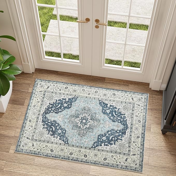 Topllen Entryway Rug - 2'x3' Boho Soft Low Pile Washable Area Rug, Non-Slip Small Rugs Indoor for Front Door Entrance Kitchen Bathroom, Vintage Carpet Stain Resistance (Blue, 2x3ft)