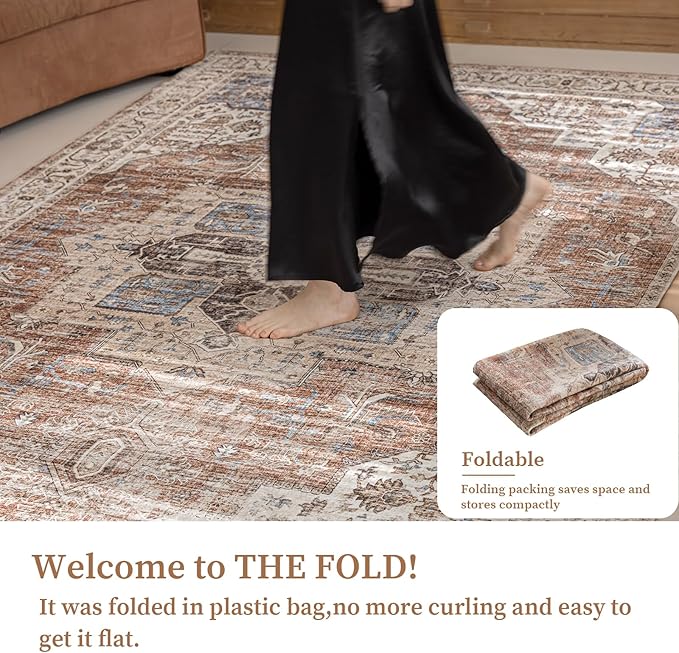 5'x7' Area Rug - Vintage Persian Medallion Design Low-Pile Faux Wool Rug, Non-Slip Backing, Machine Washable, for Living Room, Dining Room, Bedroom (Brick Red)