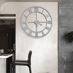 Large Wall Clock, Metal Retro Roman Numeral Clock, Modern Round Wall Clocks Almost Silent, Easy to Read for Living Room/Home/Kitchen/Bedroom/Office/School Decor (Silver, 16 Inch)