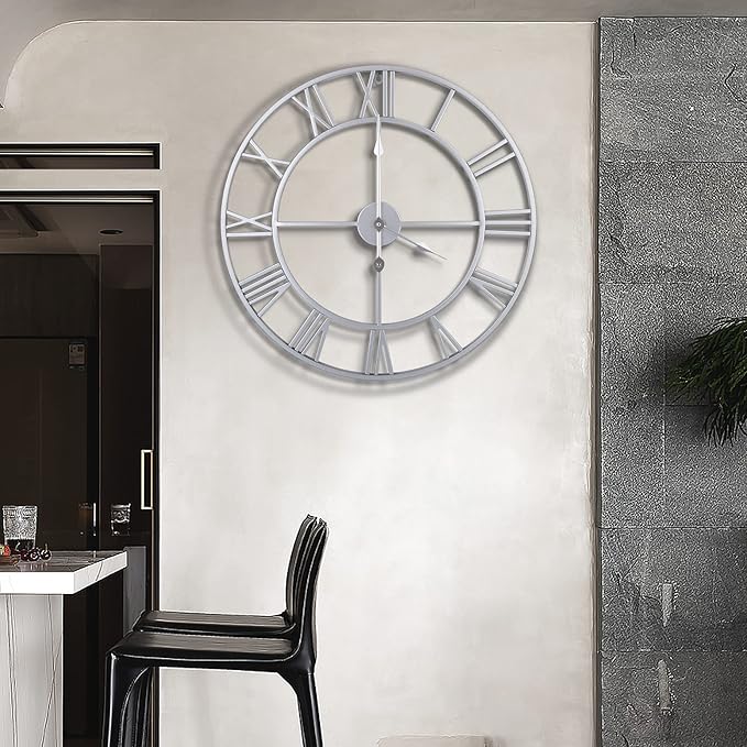 Large Wall Clock, Metal Retro Roman Numeral Clock, Modern Round Wall Clocks Almost Silent, Easy to Read for Living Room/Home/Kitchen/Bedroom/Office/School Decor (Silver, 16 Inch)