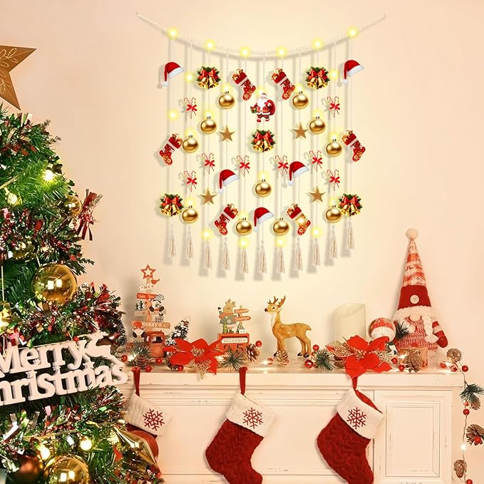 Macrame Hanging Photo Display Boho Wall Decor with String Lights Wooden Beads Garland Picture Frame Collage Holder with 45 Clips for Room, Bedroom, Dorm, Christmas Teenage Teen Girl Gifts (Beige, Large)