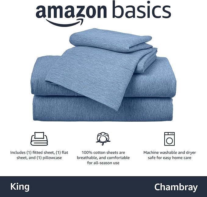 Amazon Basics Cotton Jersey 4-Piece Bed Sheet Set, King, Chambray Blue, Solid