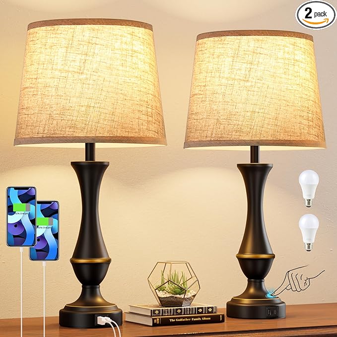 Upgraded Touch Lamps for Night Stands Set of 2 - Bedside Lamps with USB C+A, 3 Way Dimmable for Bedroom Living Room End Tables Office