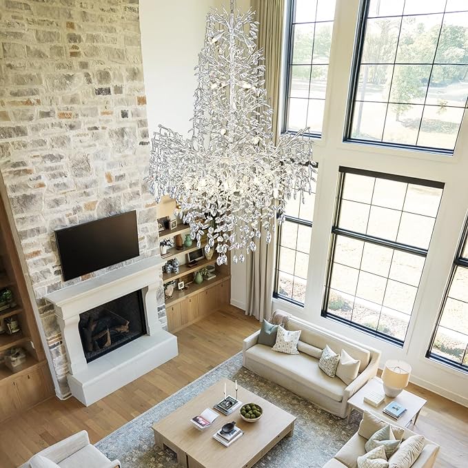 H61'' Modern Silver K9 Crystal High Ceiling Chandeliers, 23-Lights Staircase Chandeliers,Large Crystal Tree Branch Chandelier, D40'' Foyer Chandelier,for Living Room,Entryway