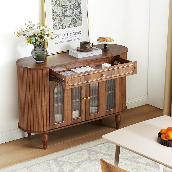 47'' Fluted Sideboard Buffer Cabinet with Drawer, Modern Credenza Storage Cabinet, Bar Cabinet Console Table with Tambour Sliding Side for Living Dining Room Kitchen Hallway Entryway, Walnut