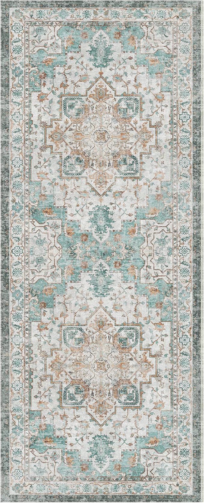 GENIMO 2x7 Runner Rugs for Hallway, Machine Washable Non Slip Vintage Rugs, Low Pile Lightweight Soft Print Rug for enrtyway, Corridor, Home Office, Kitchen, Cyan