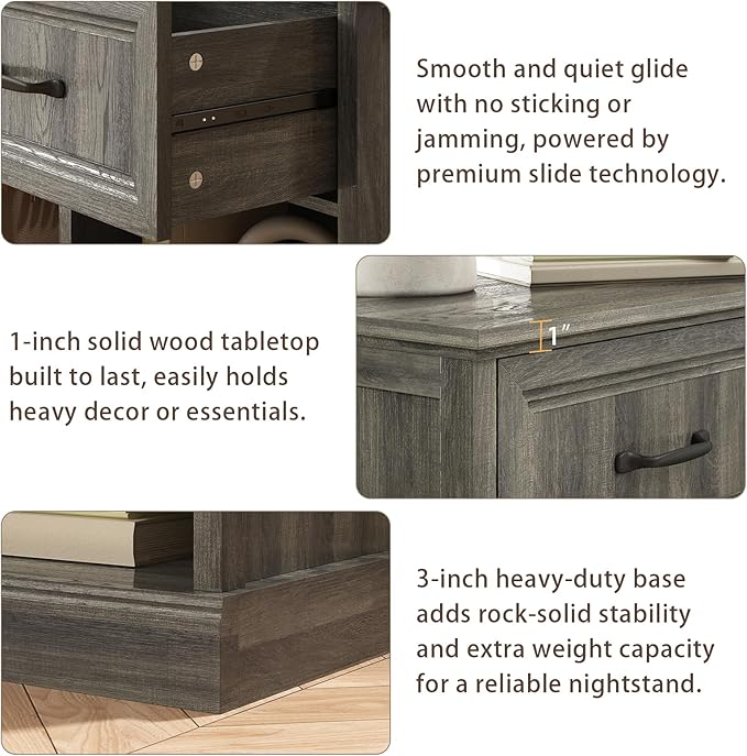 CARPETNAL 20" Farmhouse Nightstand Set of 2, End Table with Large Drawers & Open Storage, Side Table, Bedside Table for Bedroom, Living Room, Grey