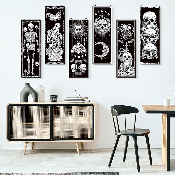 Sintuff 6 Pieces Black Gothic Wall Decor Skull Wall Art Boho Sun Moon Phases Snake Gothic Hanging Wooden Minimalist Skeleton Art Prints Vintage Pediments for Room Living Bedroom Bathroom