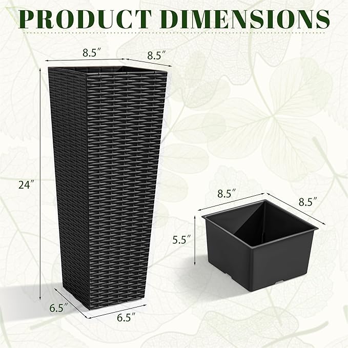 JUMMICO Set of 2 Resin Rattan Tall Planters for Outdoor Plants, Large Tapered Planters with Drainage Holes&Inner Trays, Flower Pots for Garden, Patio, Porch, Backyard (Black, 24'')