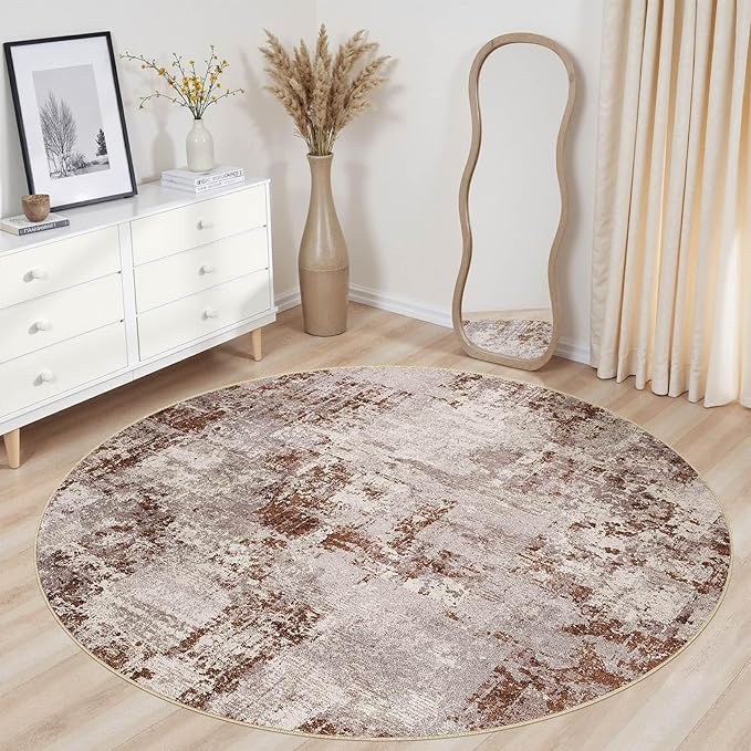 Tortania Washable 8' Round Area Rug for Living Room: Modern Abstract Neutral Large So' Thin Rugs - Non Slip Indoor Carpet for Bedroom Dining Room Office Nursery Home Floor Decoration - Brown