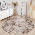 Tortania Washable 7' Round Area Rug for Living Room: Modern Abstract Neutral Large So' Thin Rugs - Non Slip Indoor Carpet for Bedroom Dining Room Office Nursery Home Floor Decoration - Brown