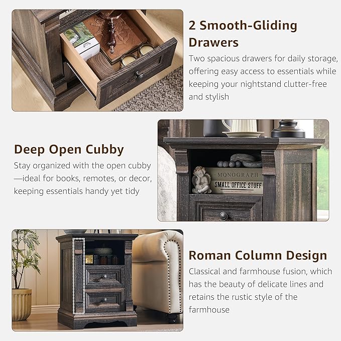 Farmhouse Nightstand with Charging Station, 18" End Table with 2 Drawers Storage and 1 Storage Shelf, Wooden Sofa Side Table w/Roman Column, Bedside Cabinet for Bedroom, Living Room, Dark Rustic Oak