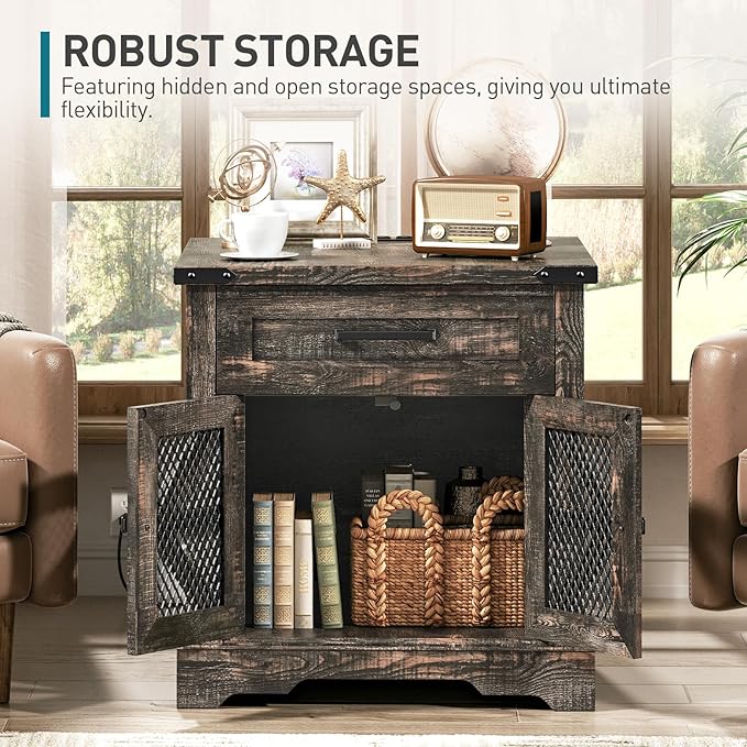 Farmhouse End Table with Charging Station, 24" Large Sofa Side Table with Drawer, Large End Table for Living Room, Wooden Nightstand with Outlet, Square, Dark Rustic Oak