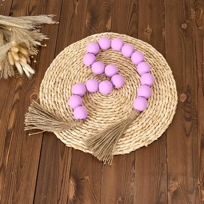 OMISHE Extra Large Wood Bead Garland Purple with 1.6" Diameter Wooden Beads and Tassels, 41" Long Rustic Farmhouse Country Decorative Beads for Home Tiered Tray Decor, Purple