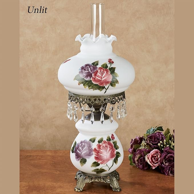 Touch of Class Olivia Jane Hurricane Table Lamp - White - Antique Brass Metal Base, Acrylic Crystal Gems, Glass Scalloped Shade - Vintage Bedroom Aesthetic, Victorian Style Lamps