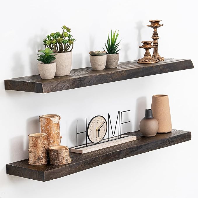 Floating Shelves, 8" Deep Rustic Solid Wood Wall Mounted Floating Shelves, Wall Shelves with Invisible Bracket for Living Room Bathroom Bedroom Kitchen, 32 Inch Set of 2, Walnut