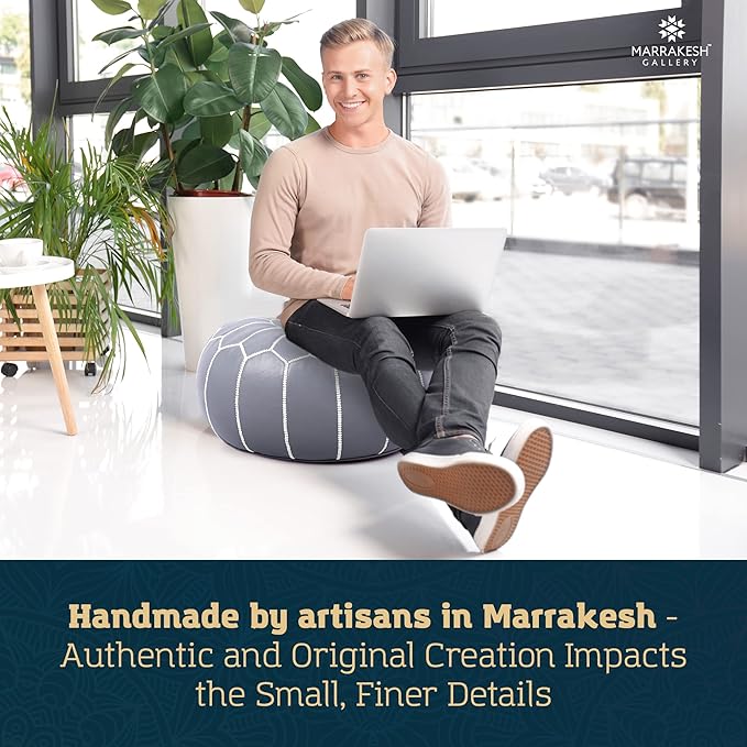 Marrakesh Gallery Genuine Leather Round Pouf Unstuffed - Moroccan Ottoman Footstool, Footrest Cover - Boho Decor - Bohemian Living Room, Bedroom, Kids Room, Gift & Wedding